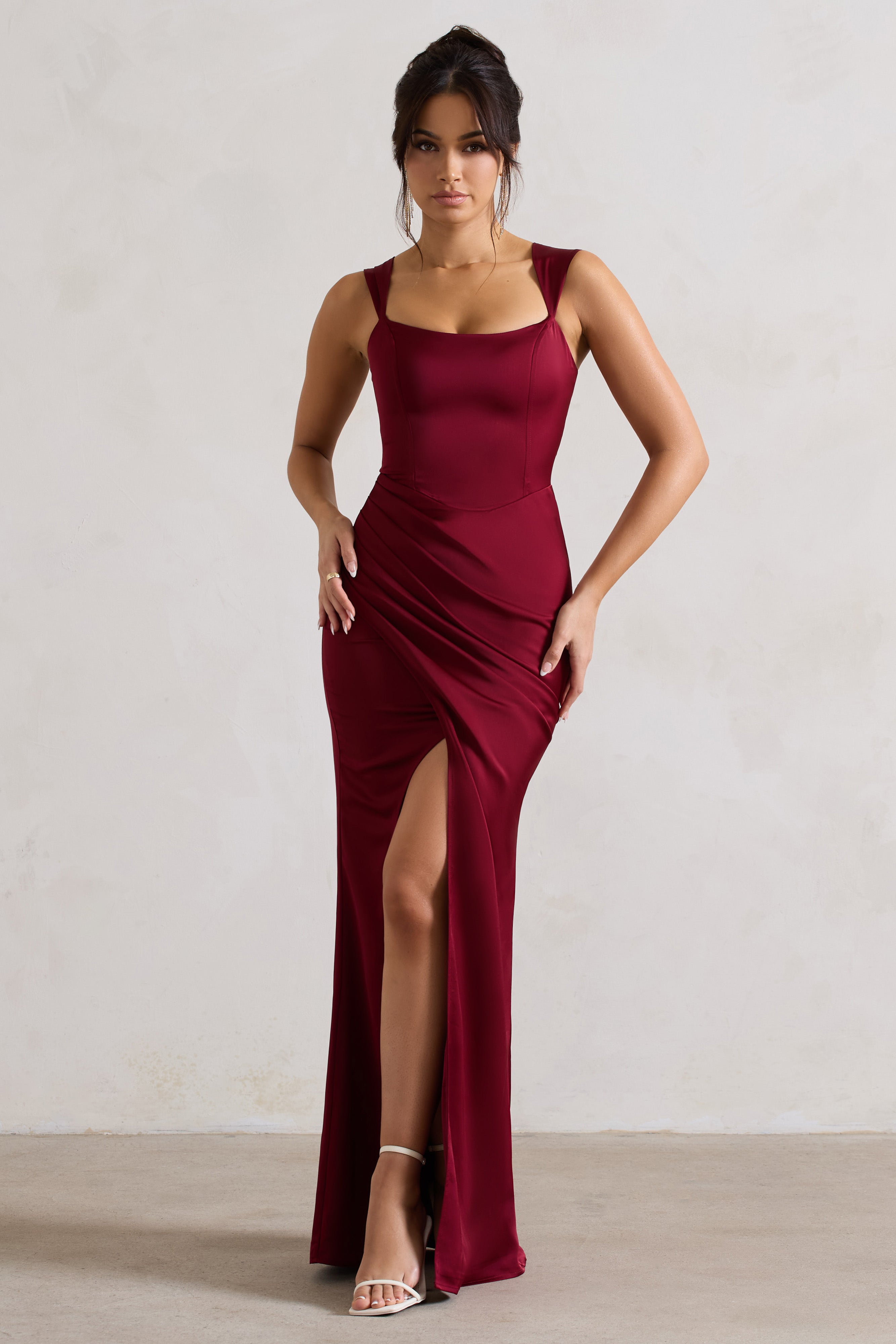 A Romantic Berry Satin Corset Wrap Maxi Dress