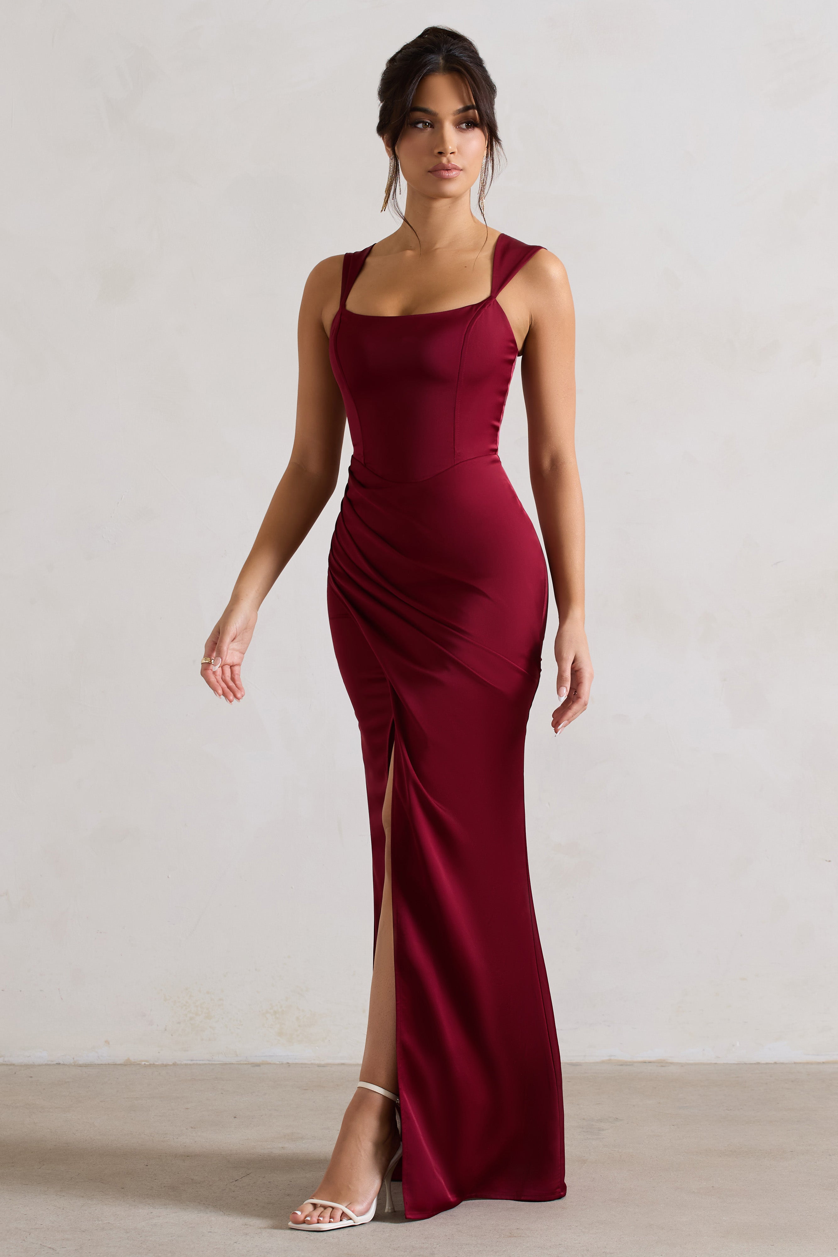 A Romantic Berry Satin Corset Wrap Maxi Dress