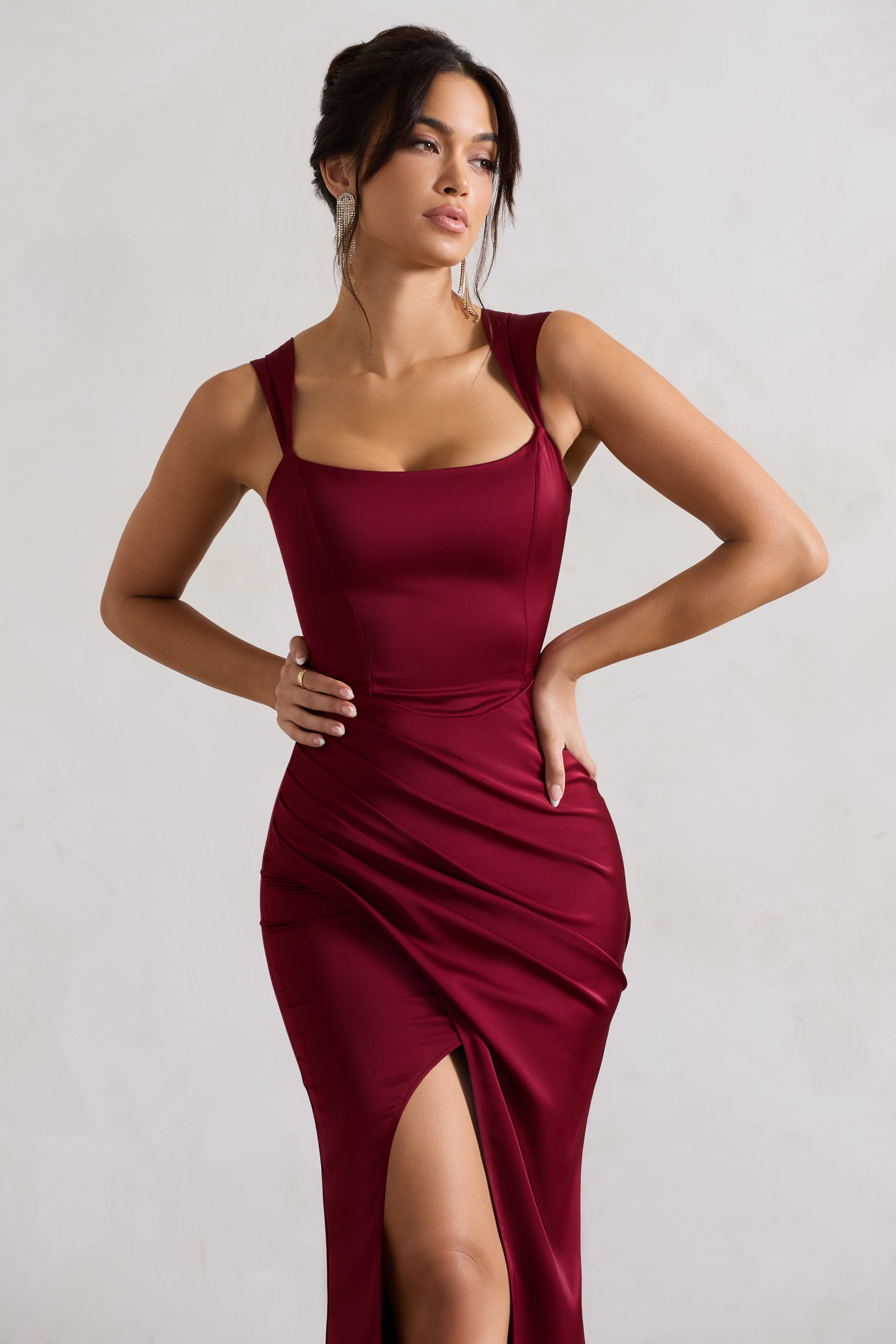 A Romantic Berry Satin Corset Wrap Maxi Dress