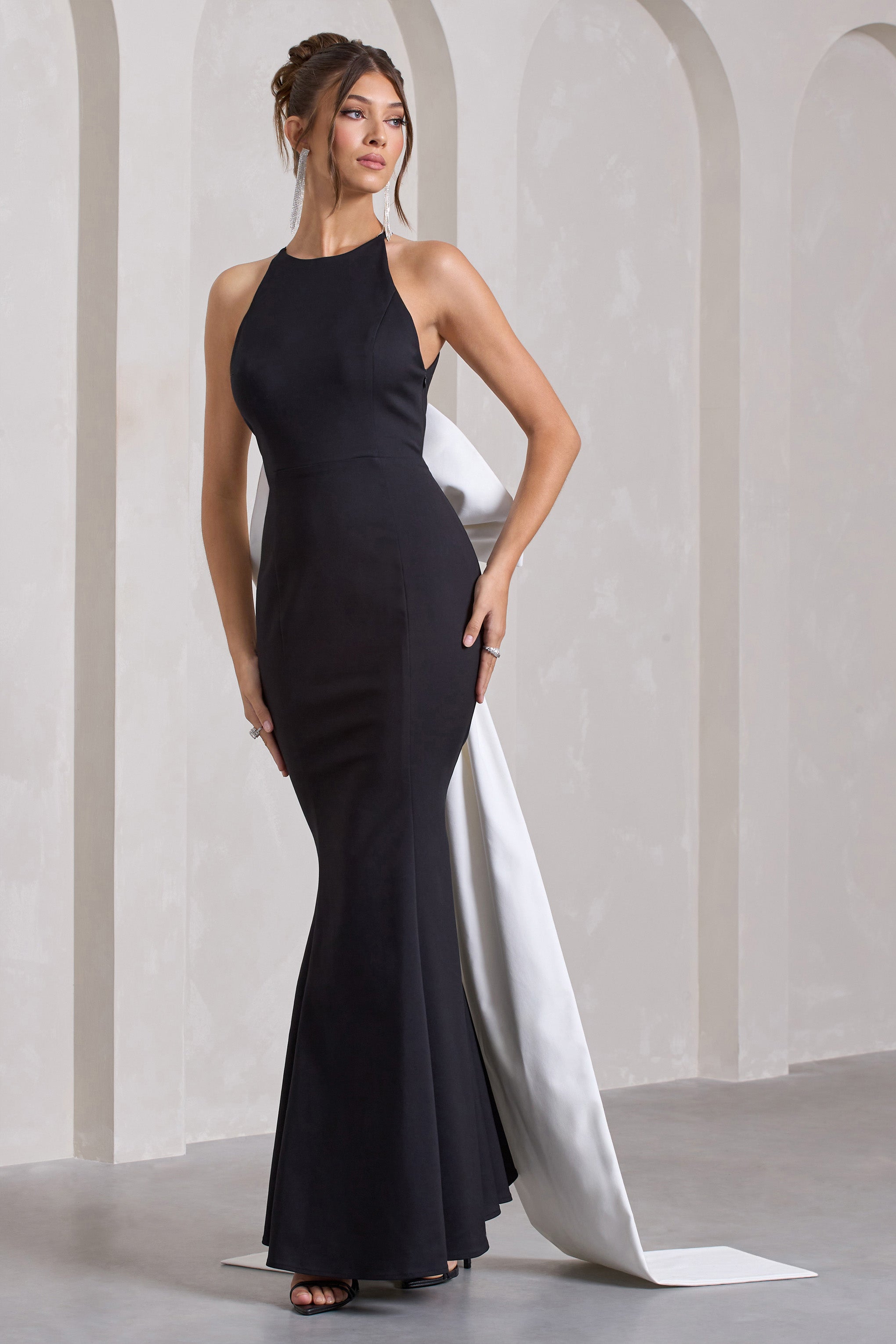 Bestow Black Open-Back Maxi Dress With Oversized White Bow