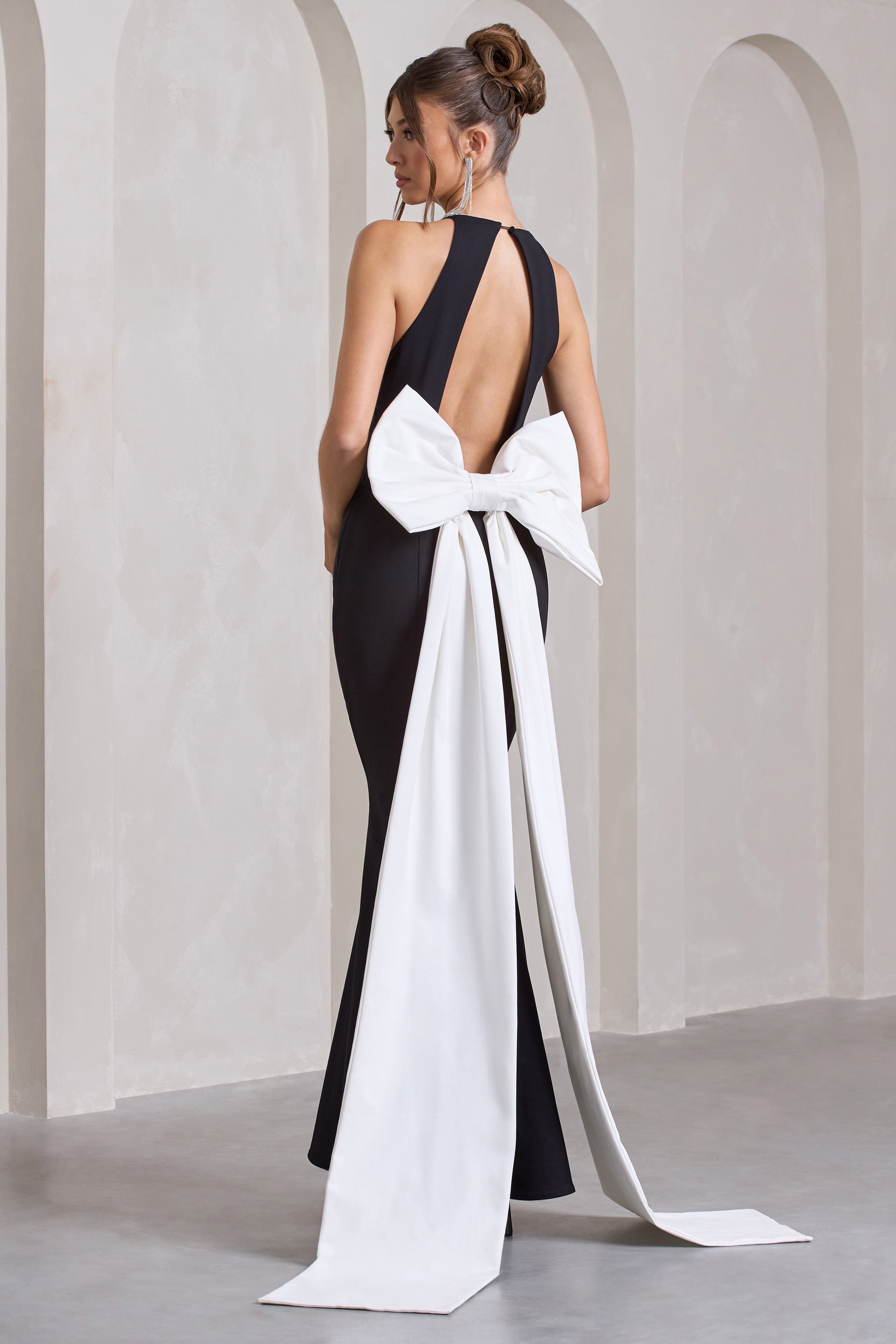 Bestow Black Open-Back Maxi Dress With Oversized White Bow