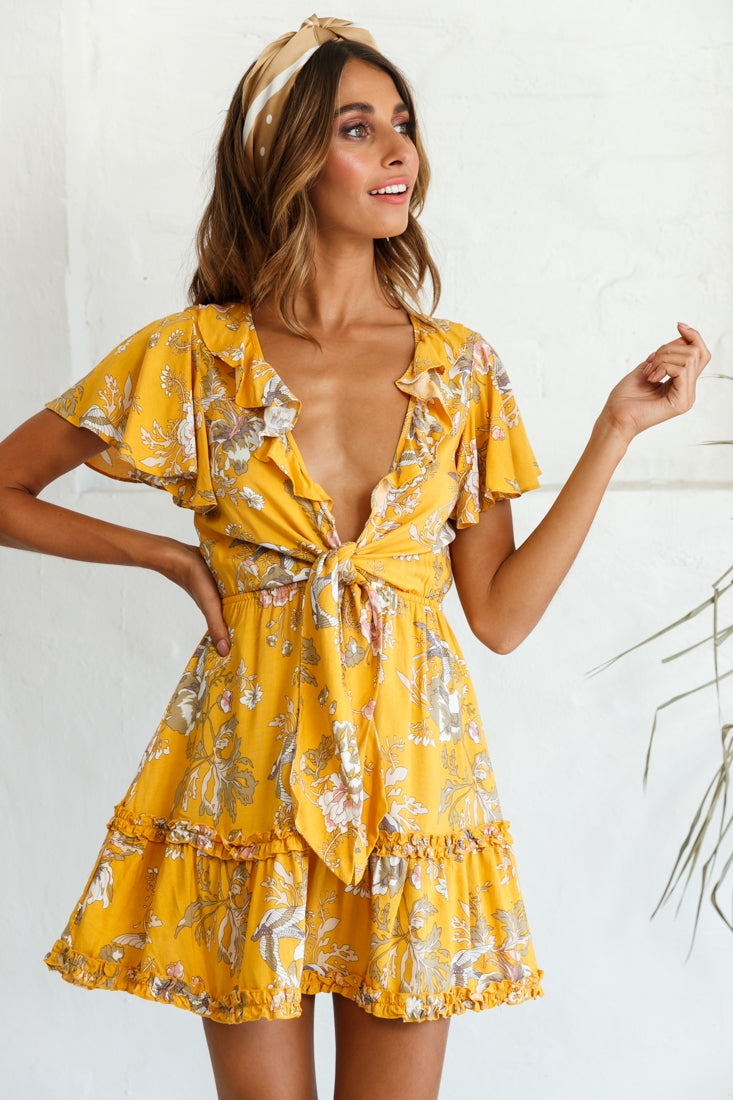 Sunny Daze Angel Sleeve Tie-Knot Bust Floral Print Dress Mustard