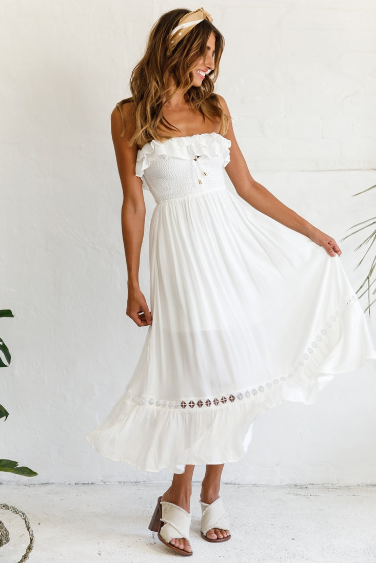 Daydream Shirred Bust Frill Trim Maxi Dress White