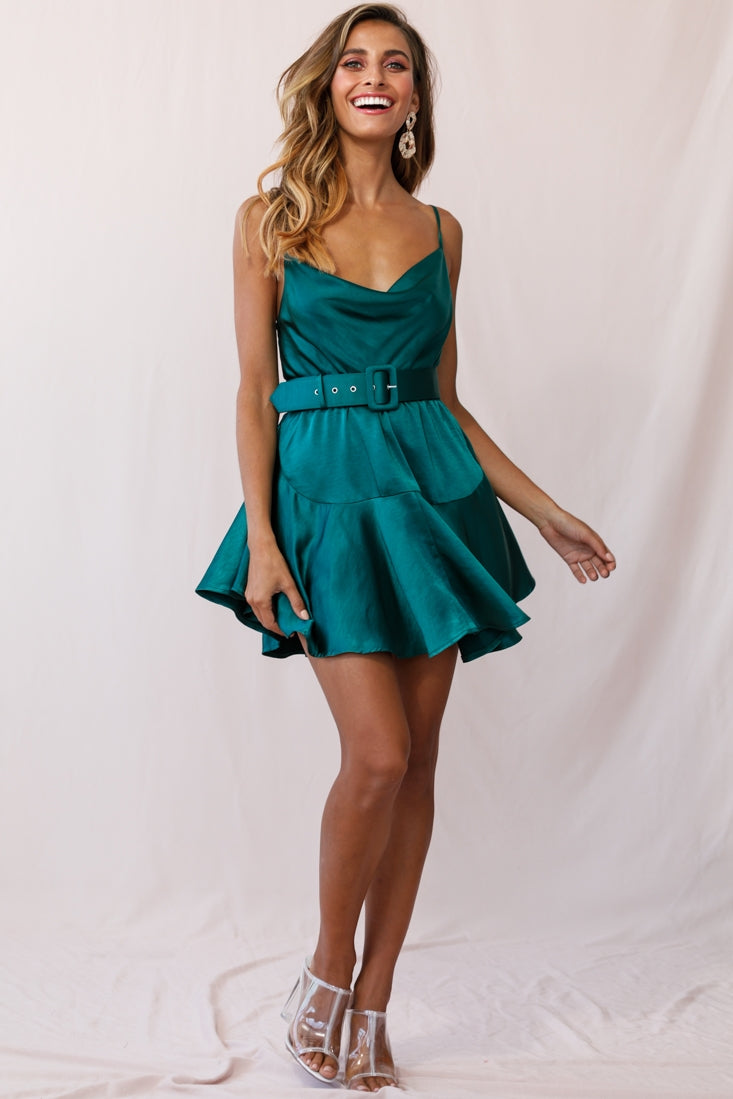 Agent 99 Belted Satin Cowl Neck Dress Forest Green