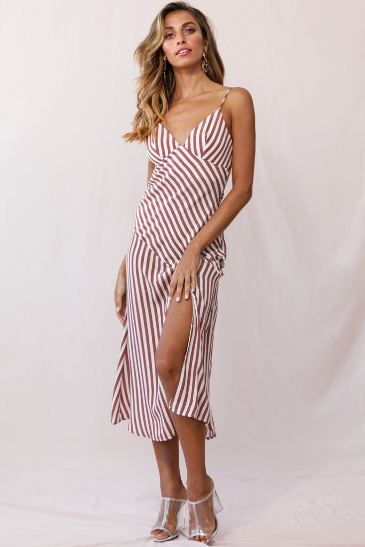 Downtown Cami Strap Front Split Midi Dress Stripe Print Rose