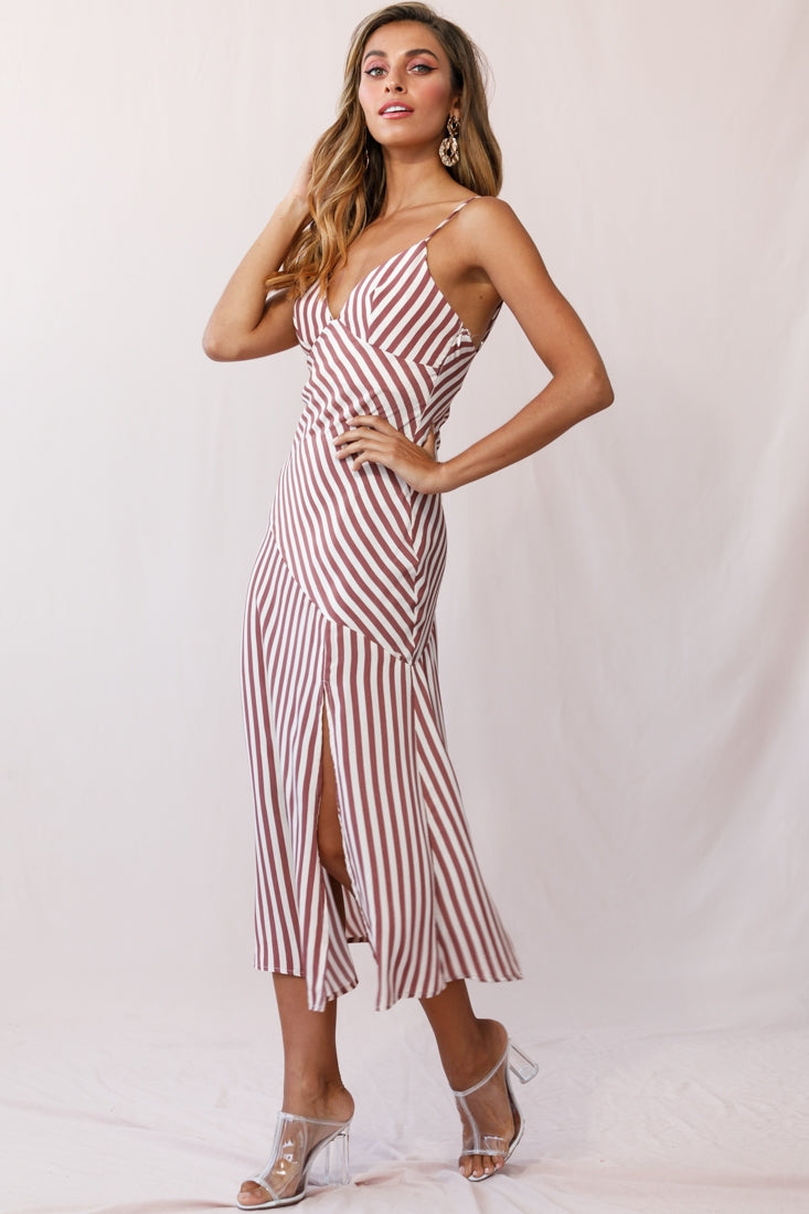 Downtown Cami Strap Front Split Midi Dress Stripe Print Rose