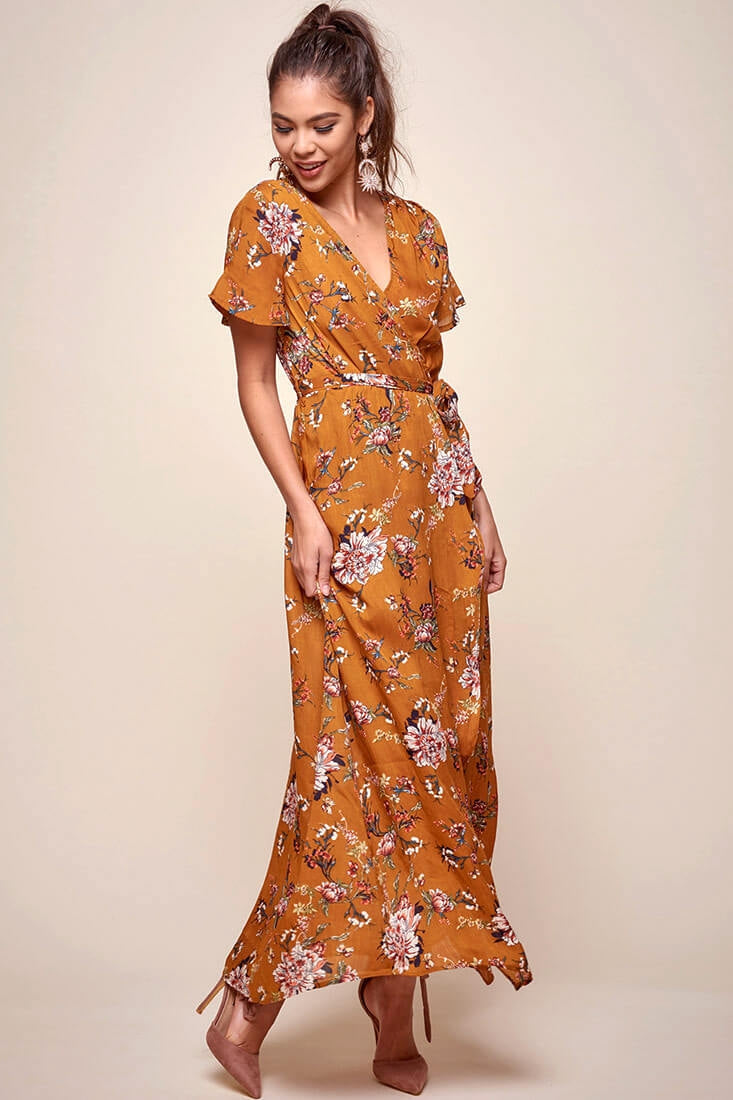 Cheri Floral Wrap Maxi Dress Mustard