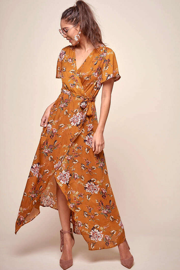Cheri Floral Wrap Maxi Dress Mustard