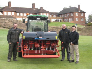 Ian Morrison, Course Manager at The Berkshire GC (second right) takes delivery of his new Wiedenmann Terra Spike XP 160 from Dave Gray, Area Sales Manager at T H White Reading. With them is Jim Simpson, left, who has recently joined the Ascot club as Mechanic from Bearwood Lakes GC.