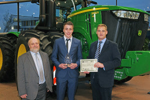 John Deere ag & turf apprentice of the year Alistair Baillie (centre) with Guy Schornig-Moore of Babcock and Richard Halsall of John Deere (left and right).