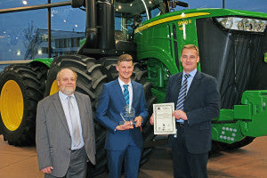 John Deere parts apprentice of the year Mike King (centre) with Guy Schornig-Moore of Babcock and Richard Halsall of John Deere (left and right).