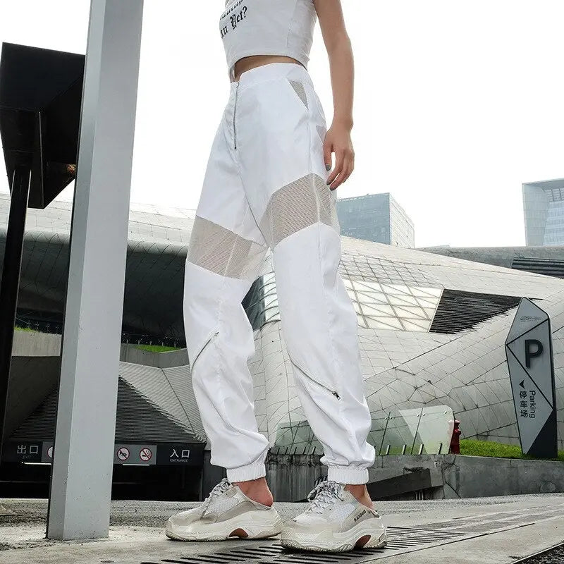 High Waisted trousers women White Loose Harem Pants Hollow Out Patchwork Mesh Zipper Sweatpants Women Casual Joggers luxurysteps