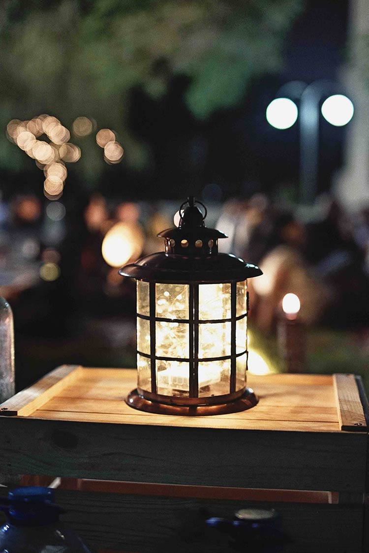 A lantern is filled with battery-powered fairy lights