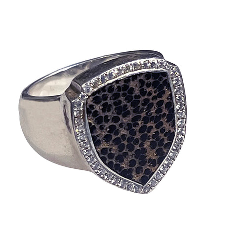 Marcos - Silver and Inlaid Shield Ring with Diamonds