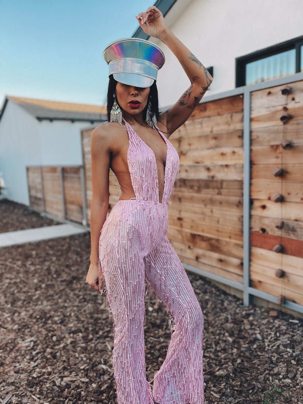Festival Sequin Rave Flare Fringe Backless Jumpsuit Disco Outfit  Bachelorette Dress Engagement Photoshoot Cowgirl Fringe 