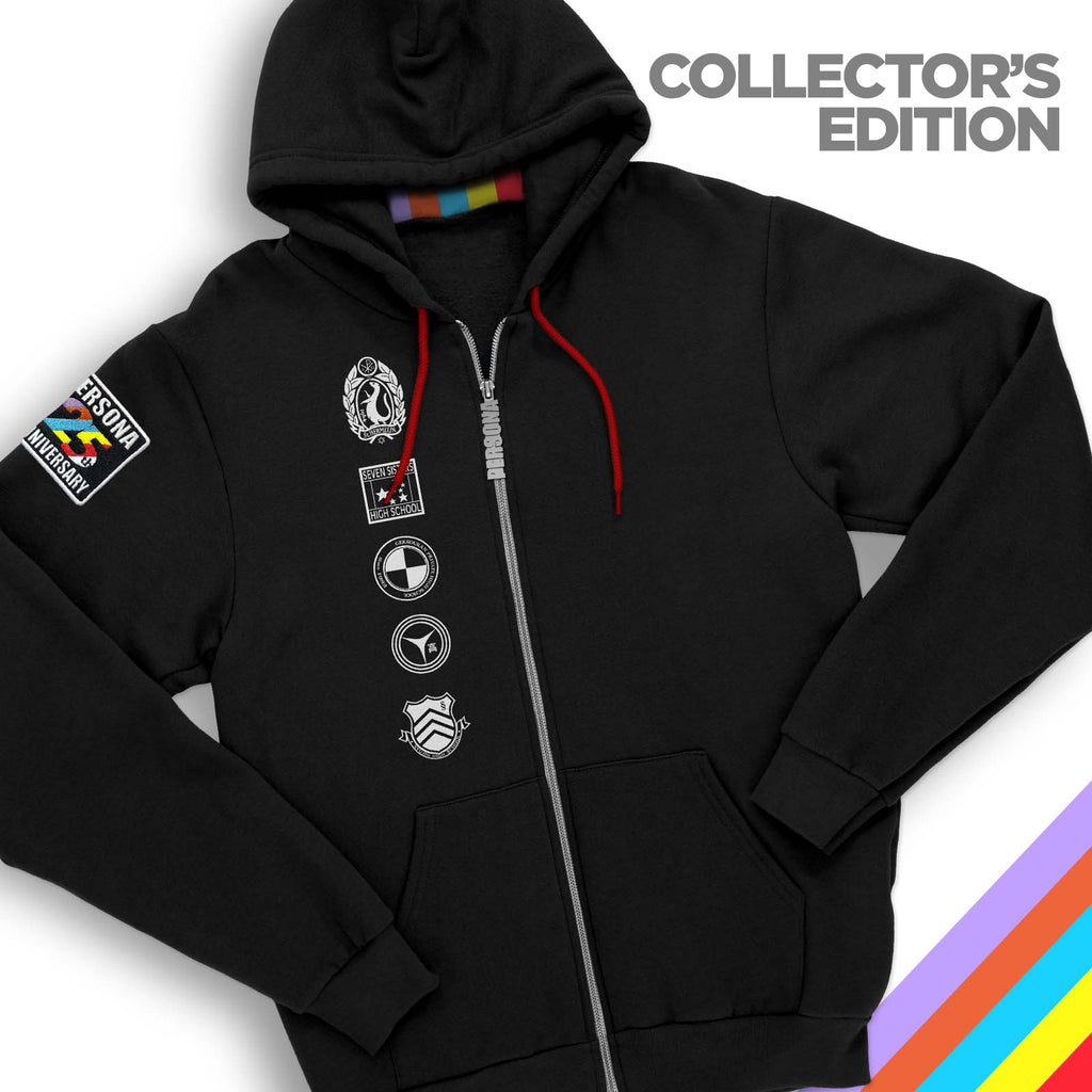 Persona 5 collector's edition hoodie. The hoodie is black with a rainbow Persona 5 logo on the right arm and different logos following the center of the hoodie.
