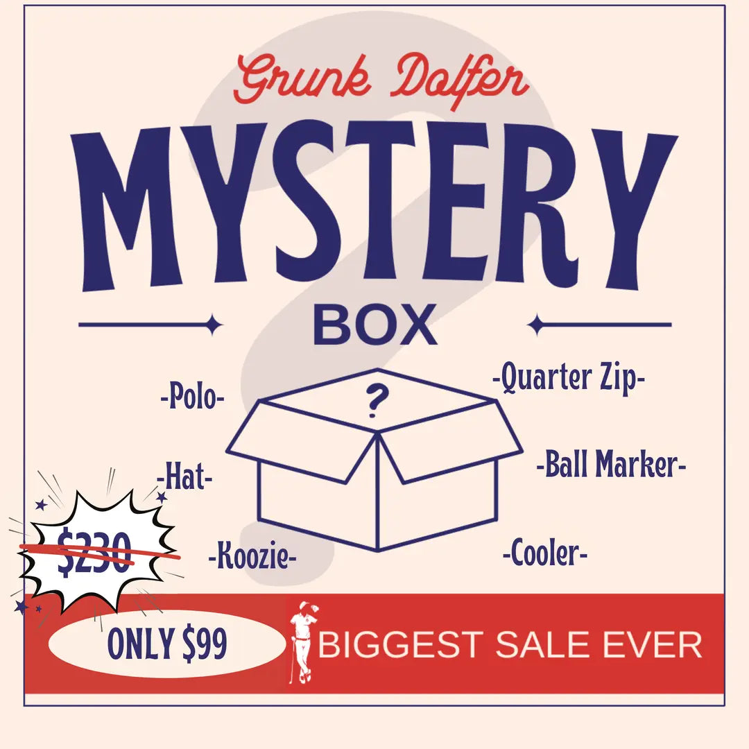 'Mystery Box sale for $99 featuring various items like polo, hat, koozie, and more.'