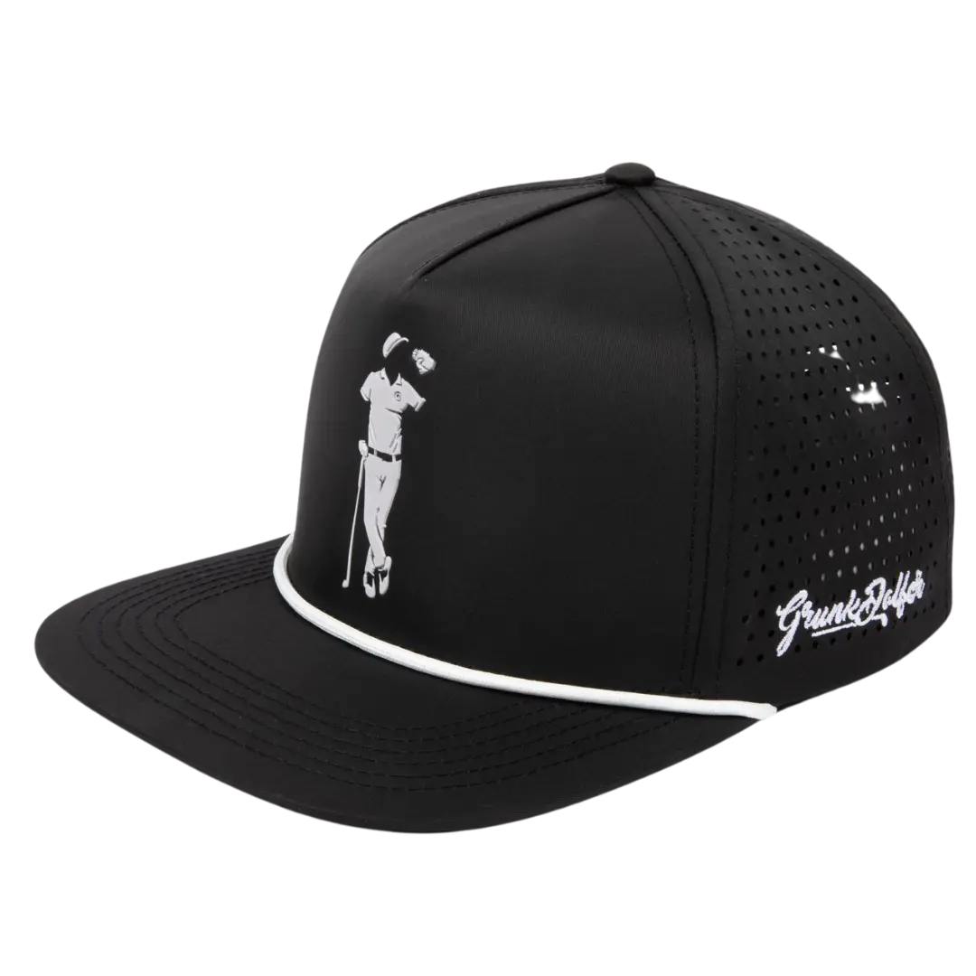 Black golf-themed cap with white piping and golfer logo on the front.