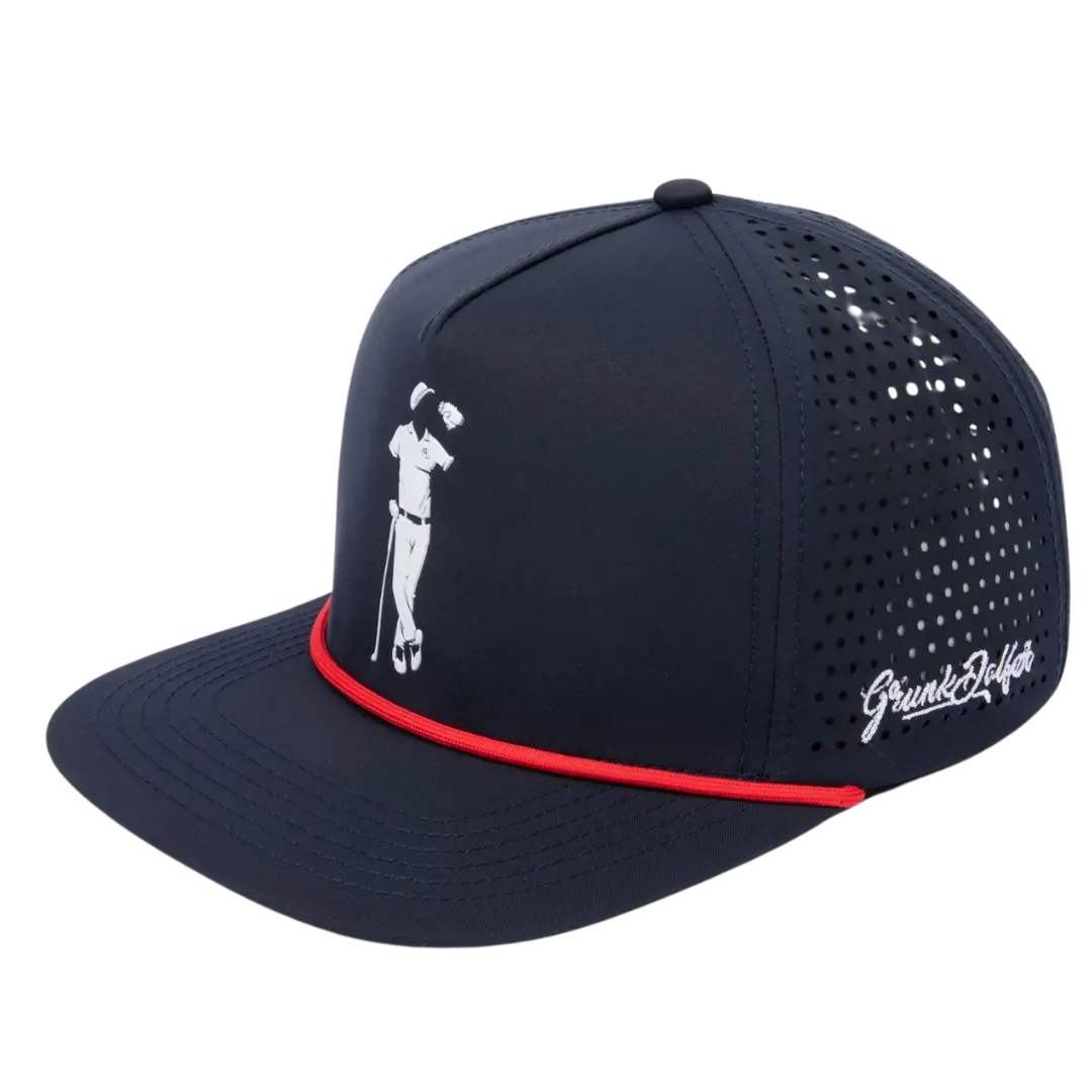 Navy blue golf cap with a golfer silhouette and red trim.