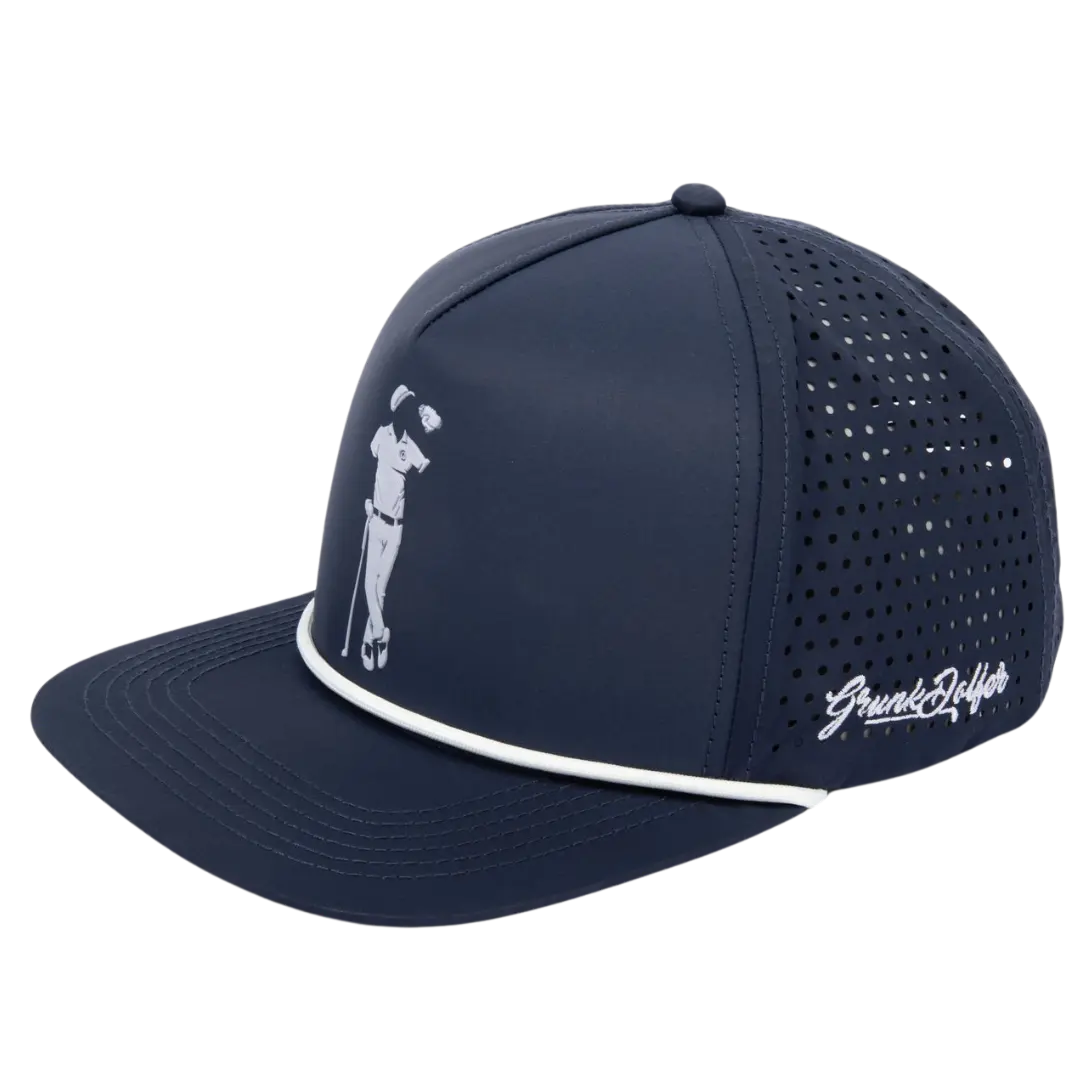 Navy blue golf cap with a golfer silhouette and mesh back.