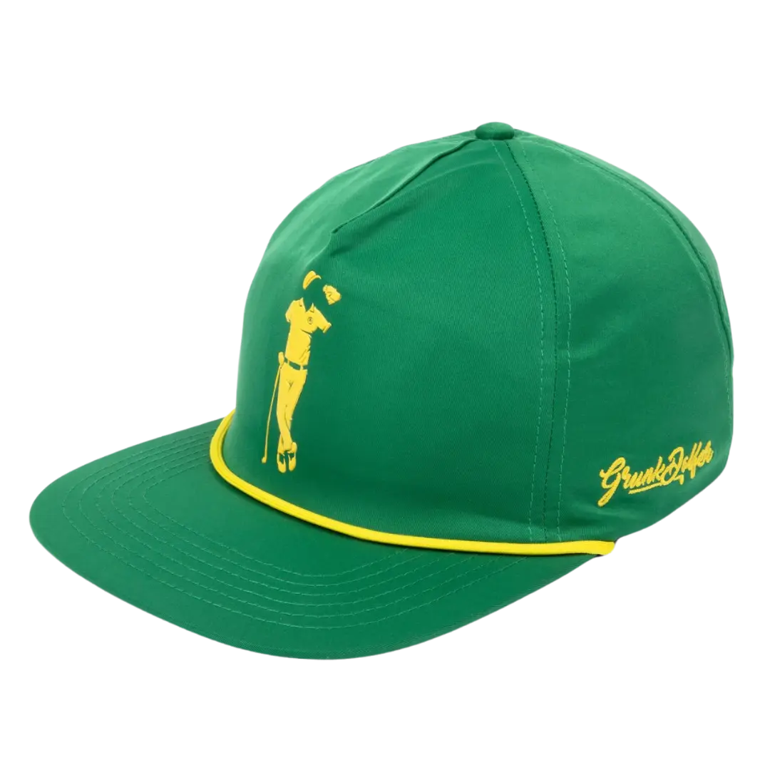 Green snapback cap with yellow details and a silhouette of a golfer.