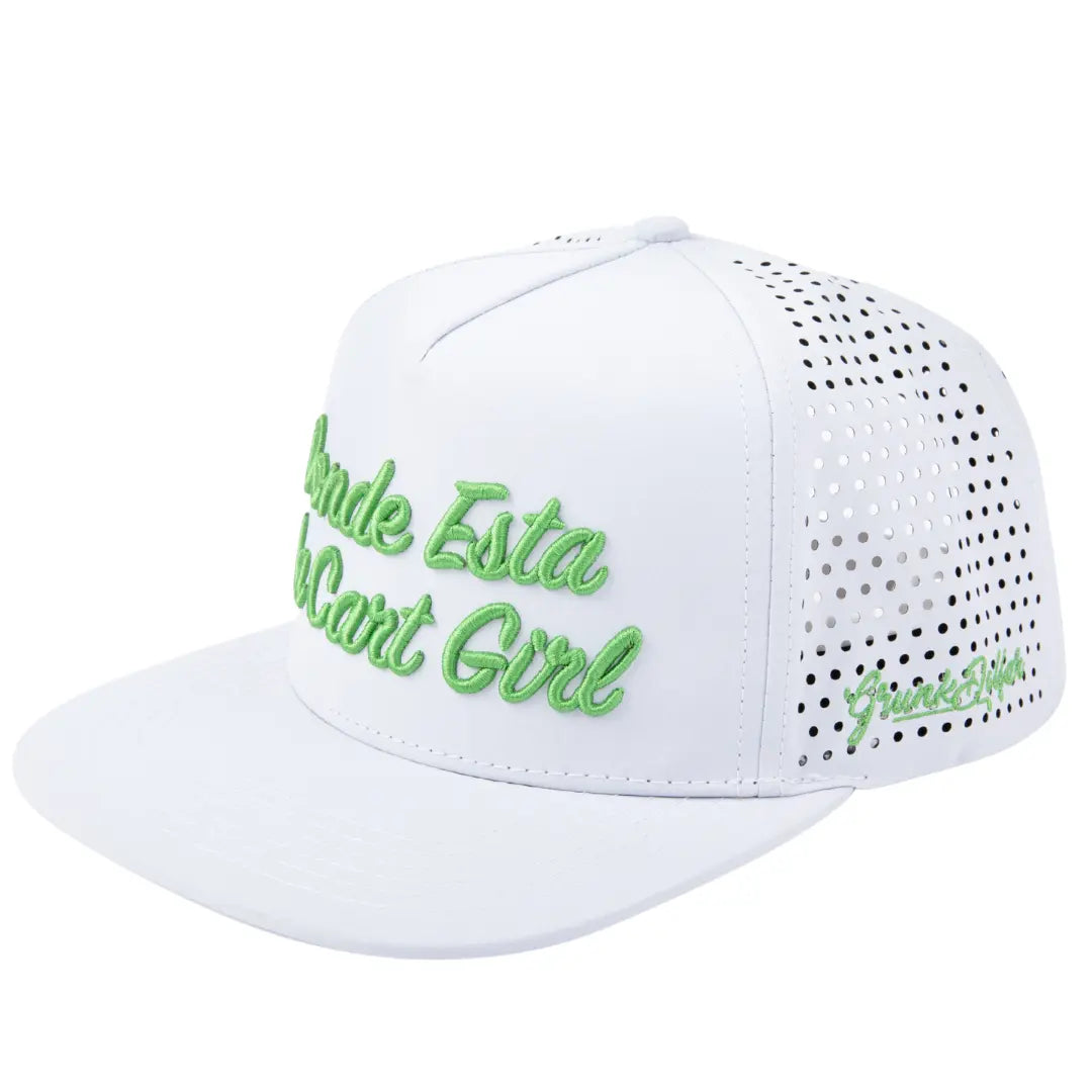 White snapback hat with perforated sides and green embroidered text 'Andale Esta Pronta Girl Sprinkles'.