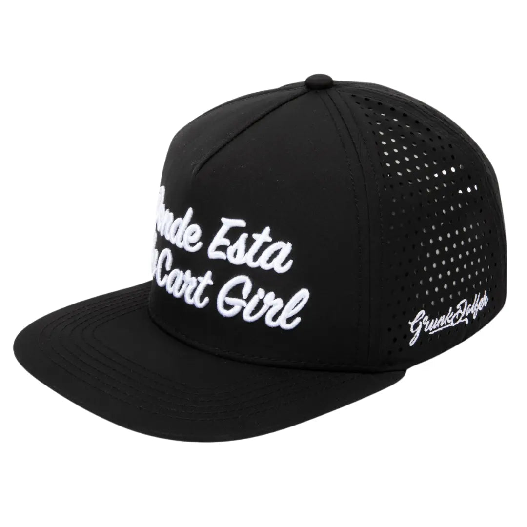 Black snapback hat with 'Donde Esta Court Girl' text and ventilation holes on the side.