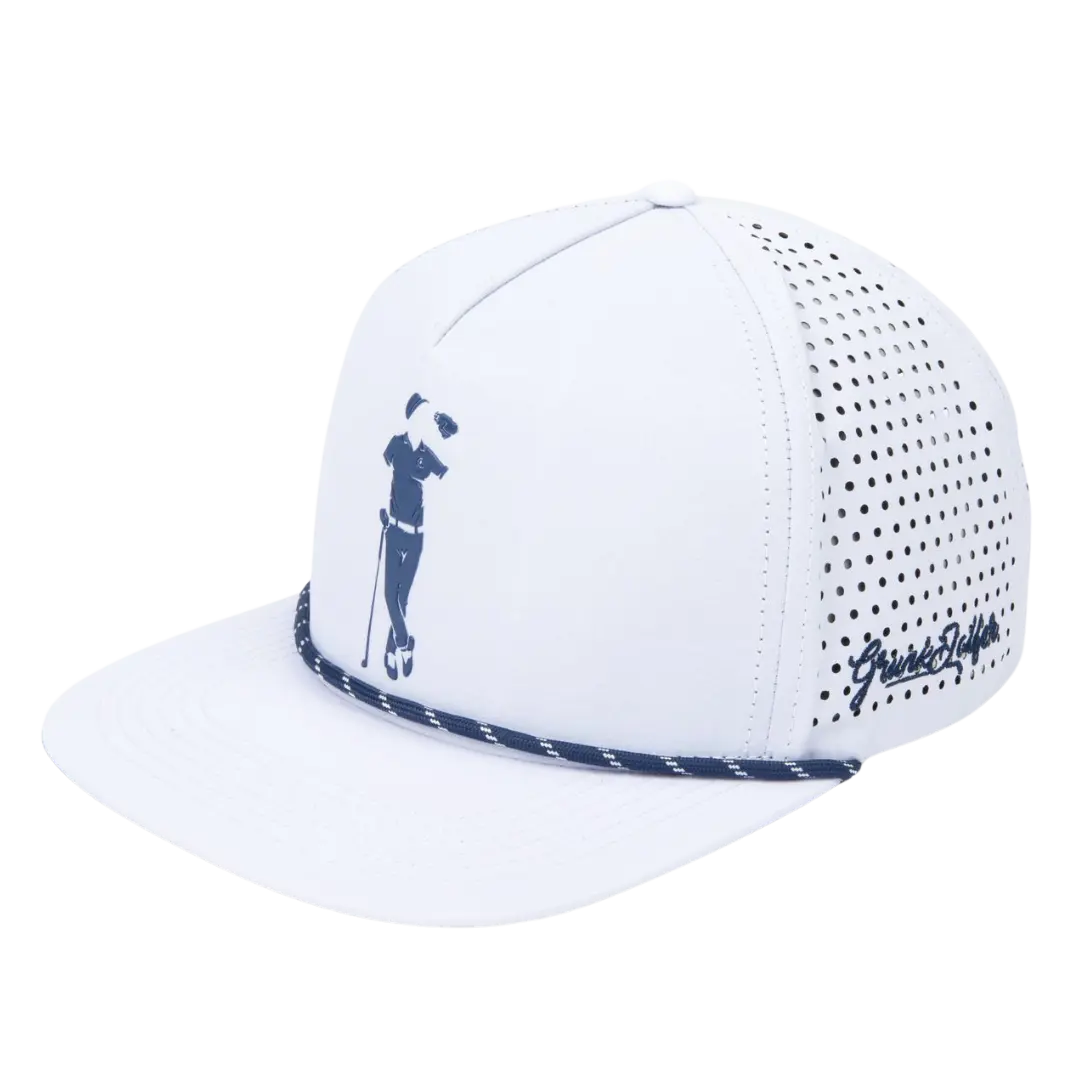 White golf cap with a silhouette of a golfer and a logo on the side.