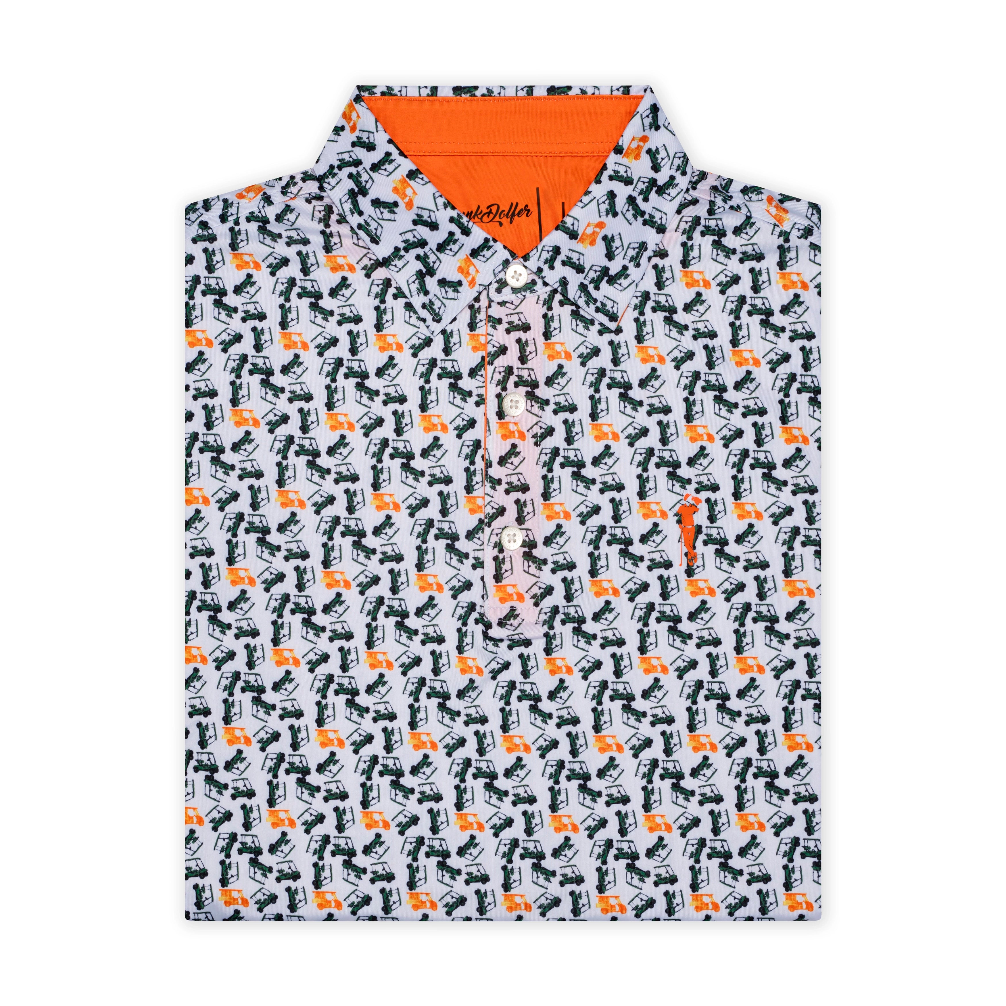 Folded polo shirt with a pattern of green and orange bears on a white background.