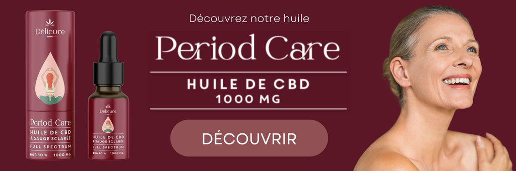 Period care CBD oil from Délicure to relieve the discomforts of menopause. CBD oil is effective in calming the intense symptoms of menopause such as anxiety, joint pain, as well as sleep disturbances accompanied by night sweats.