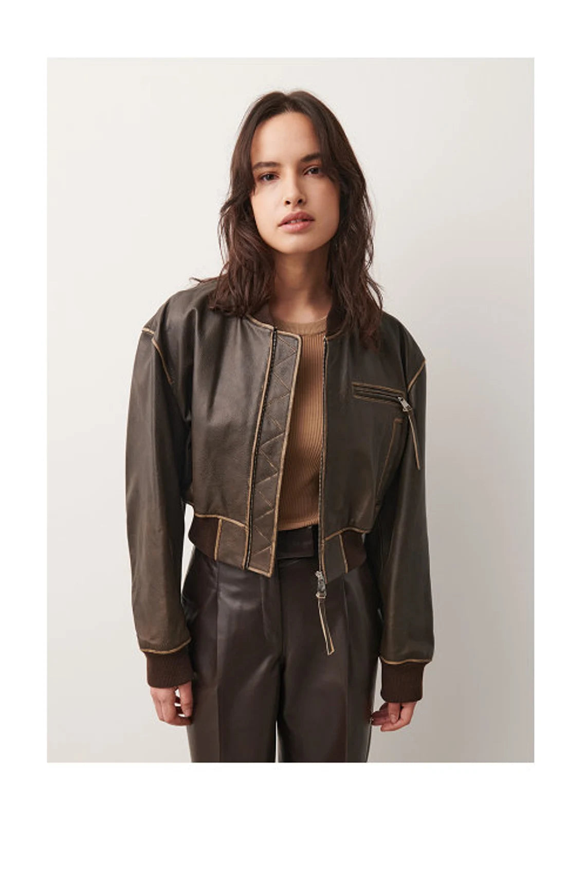 Women's Distressed Brown Cropped Leather Jacket