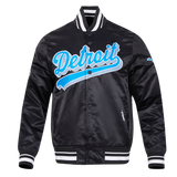NFL Detroit Lions Script Tail Satin Jacket in Black with Blue Embroidery