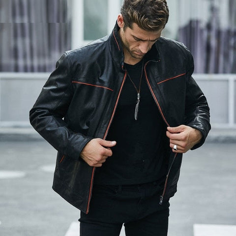 Men's casual vintage black leather jacket