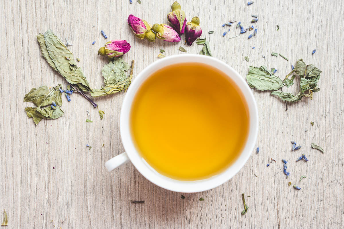 An overhead view of herbal tea surrounded by lavender flowers and rose hips.