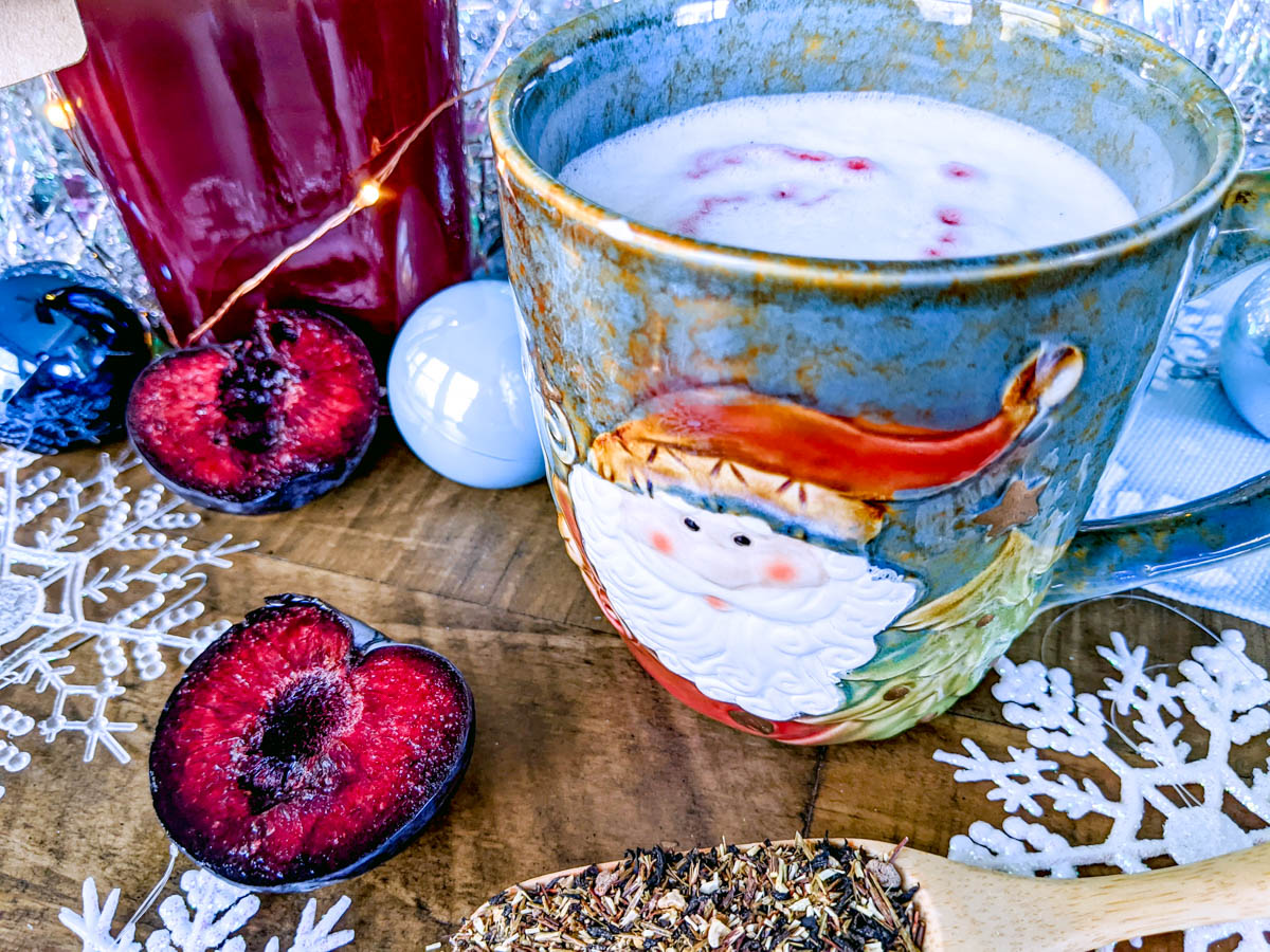 Close up of sugar plums, Sugar Plum tea, simple plum syrup and a Sugar Plum tea latte.