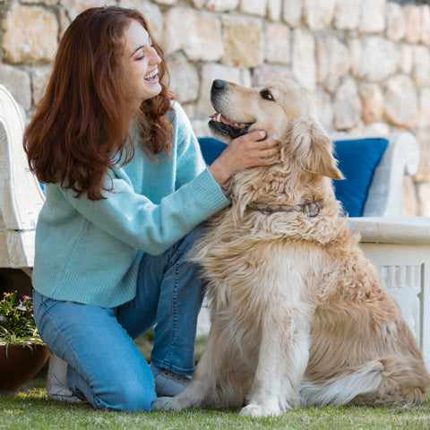 a woman with smiley Golden Retriever dog