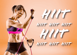 Text: HIIT Image: Woman in pink sports bra exercising her upper arms with elastic ropes 