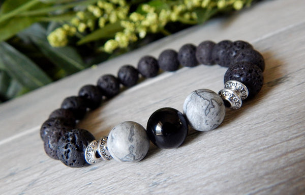 Lava Rock Men Beaded Bracelet 10mm with Sapphire Blue Glass Beads