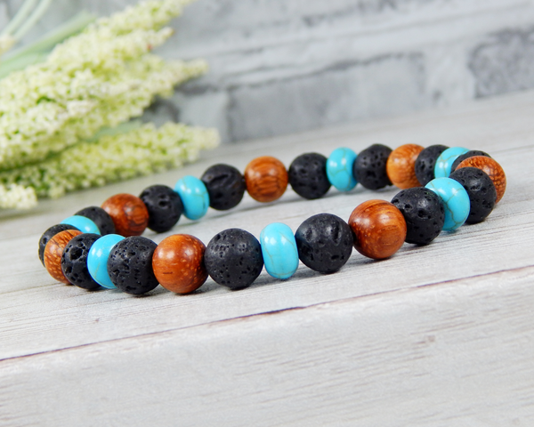 Lava Rock Men Beaded Bracelet 10mm with Sapphire Blue Glass Beads .925  Silver