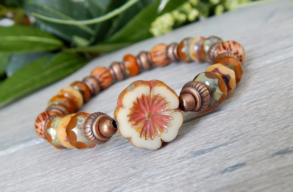Rustic Orange Beaded Bracelet with Flower focal bead – Blue Stone River