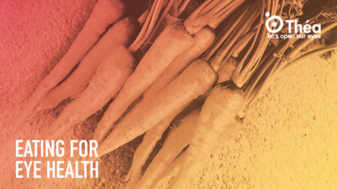 Orange tinted image of a pile of carrots, with the white text over it saying "eating for eye health"