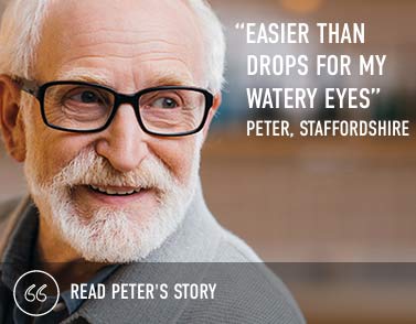 Photo of Peter saying - easier than drops for my watery eyes