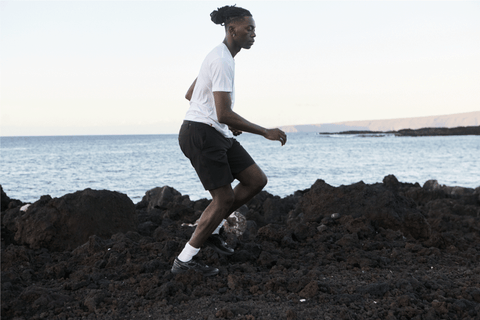 Tentree black shorts and white t shirt