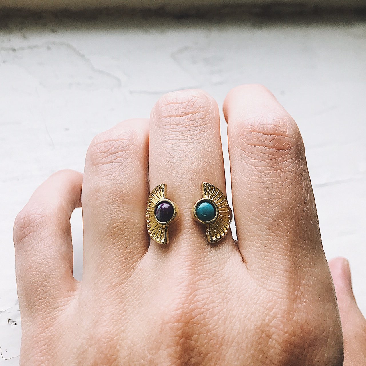 Two Stone Turquoise Boho Sunburst Adjustable Ring (Gold, Silver) - agora goods