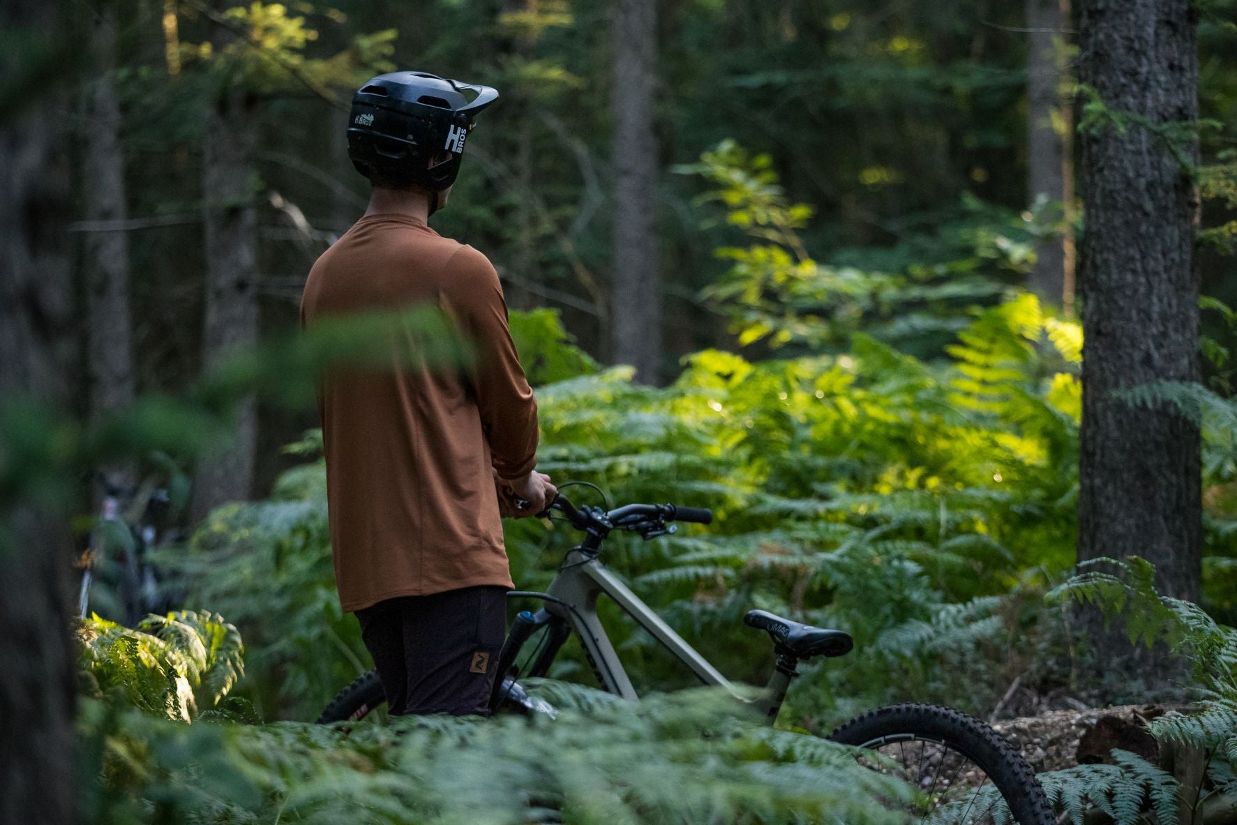 Motard de montagne dans les bois tôt le matin