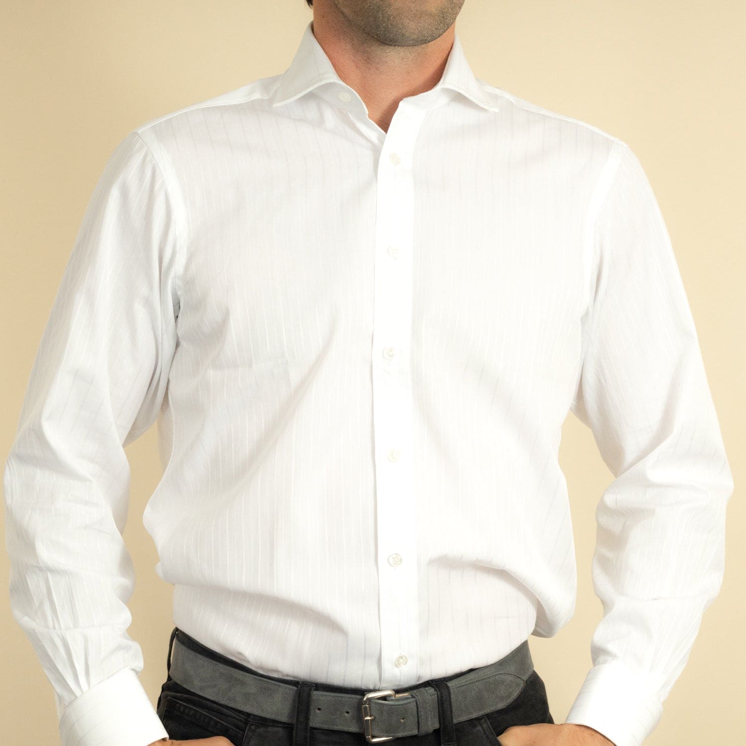 Classic Fit, Cut-away Collar, Double Cuff Shirt in a Satin Stripe