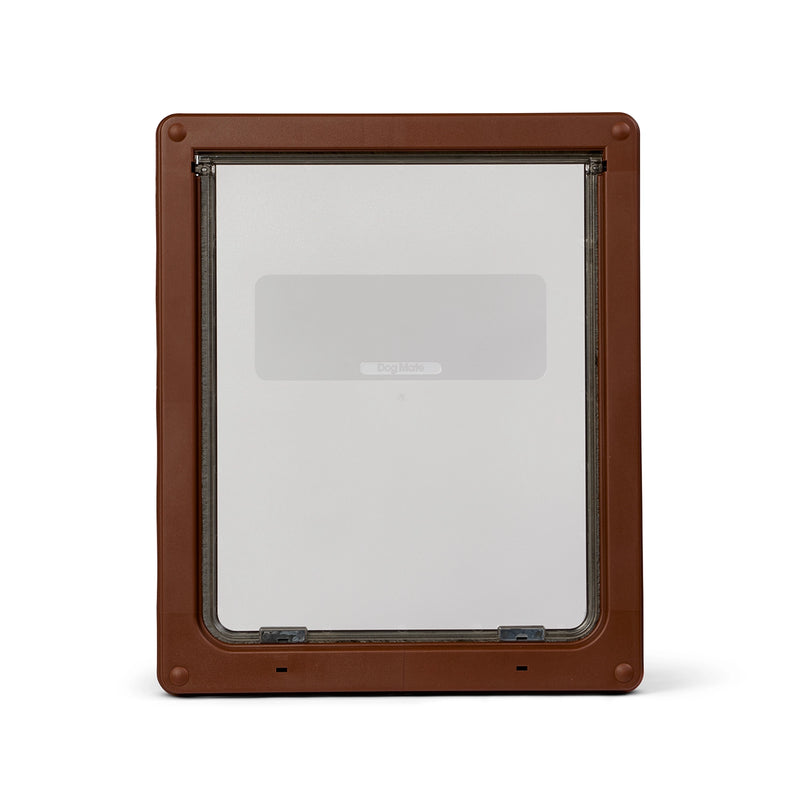 A brown pet door frame with a large clear flap which is suitable to be used by larger dogs such as German shepherds and Labradors, and has a two way locking mechanism and a matching brown security panel, on a white background 