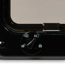 Close-up of a black manual locking mechanism with control knobs and symbols on a white background