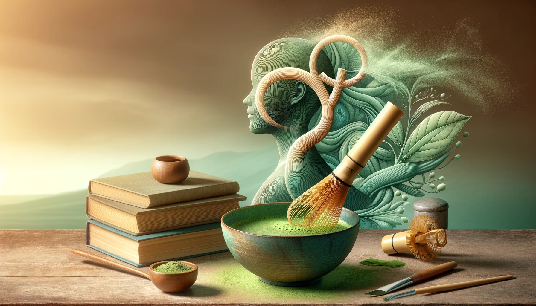 A photo-realistic image featuring a matcha tea bowl and symbols of fertility and health.