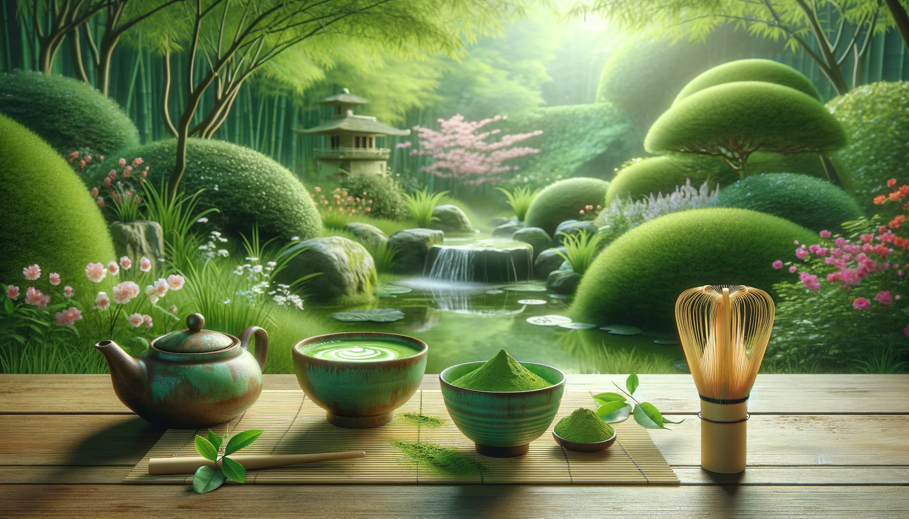A serene garden setting with a traditional matcha tea set on a bamboo mat, bright green matcha powder, and a whisk. The garden is lush and symbolizes growth